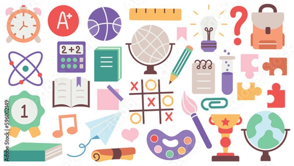 Fototapeta Back to school. A set of flat icons of stationery for studying at school. Collection of isolated education colorful kids accessory. vector object stuff design. cartoon graphic patch element children