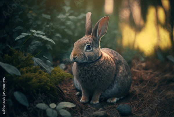 Fototapeta Cute rabbit on the background of nature. Created with Generative AI technology.