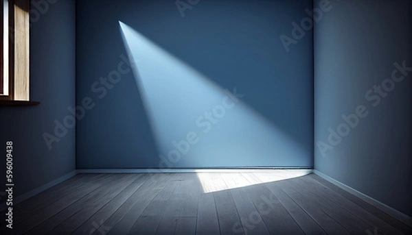 Fototapeta Blue empty wall and wooden floor with interesting light glare - Interior background for the presentation
