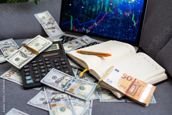 Fototapeta Stock Market Chart on Screen with Dollars and Euros on Background