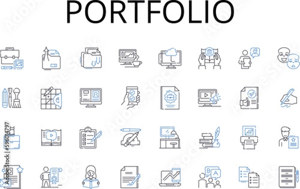 Fototapeta Portfolio line icons collection. Collection, Compilation, Anthology, Assortment, Array, Grouping, Stockpile vector and linear illustration. Depiction,Contingent,Cluster outline signs set