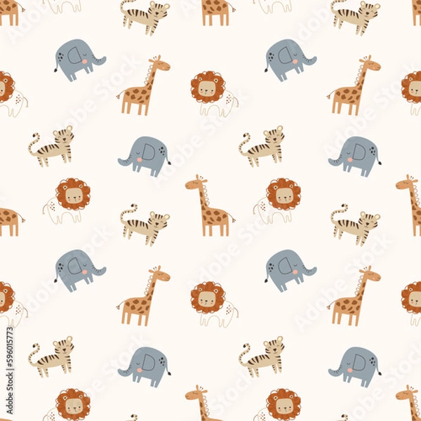 Fototapeta Simple and cute elephants, tigers, giraffes, lions seamless pattern for kids. Creative kids texture for fabric, wrapping, textile, wallpaper, apparel etc. 