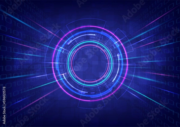 Obraz abstract background future technology Tech circle with empty space in the middle Multi-colored glowing neon with beam moving binary and cube perspective. blue gradient background