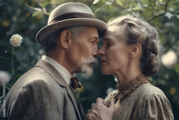 Fototapeta kissing aged couple dressed as characters from Victorian love story book cover in garden in spring time, created with Generative AI Technology