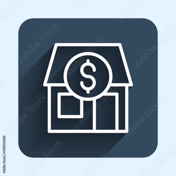 Fototapeta White line Shopping building or market store icon isolated with long shadow background. Shop construction. Blue square button. Vector