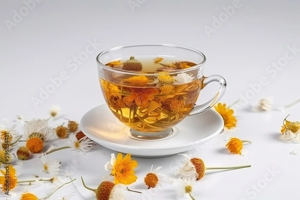 Fototapeta Cup of herbal tea with calendula and chamomile on a white background. Generative AI