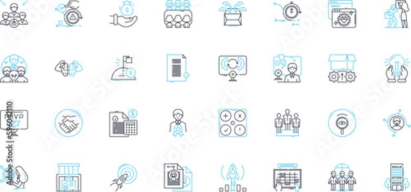 Fototapeta Project kickoff linear icons set. Initiative, Launch, Commencement, Foundation, Beginning, Start, Inception line vector and concept signs. Introduction,Origination,Establishment outline illustrations