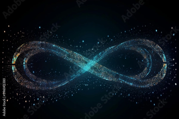 Fototapeta DevOps infinity symbol for agile software developement and operations methodology made with connected particles. Background or banner for technology process life cycle