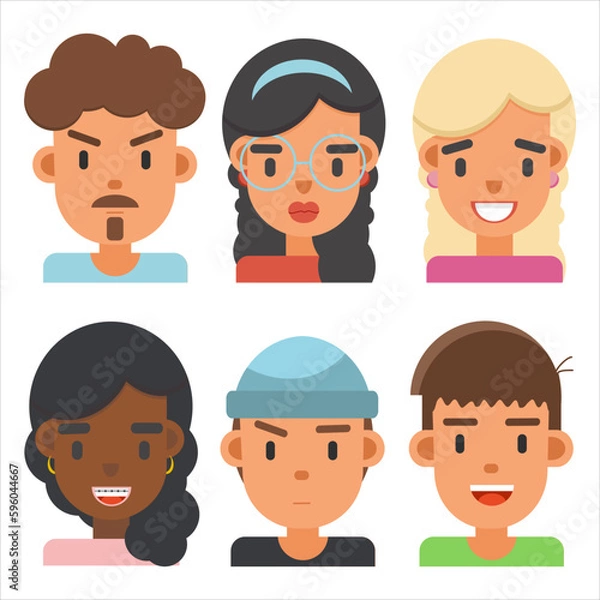 Obraz Cartoon avatars of young women and men in modern flat design style. illustration isolated on white background.