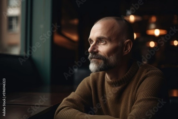 Fototapeta Portrait of a pensive mature man sitting at a table in a cafe