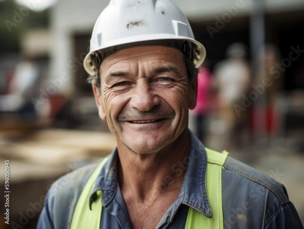 Fototapeta Smiling builder in hard hat at a construction site. 