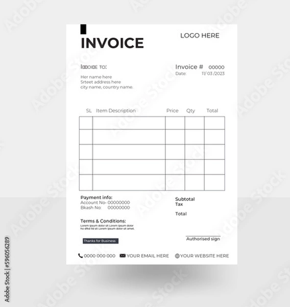 Fototapeta simple white & blue color invoice template design
