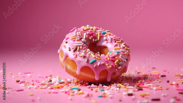 Obraz Sprinkled with a pink donut. Frosted sprinkled donut on a pink background, generative AI tools 

 
