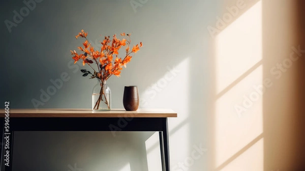 Fototapeta Modern table with vase and flowers against a light wall. Generative AI