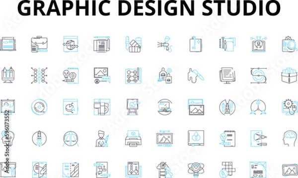 Fototapeta Graphic design studio linear icons set. Creativity, Typography, Branding, Logos, Illustration, Layout, Color vector symbols and line concept signs. Composition,Animation,Infographics illustration