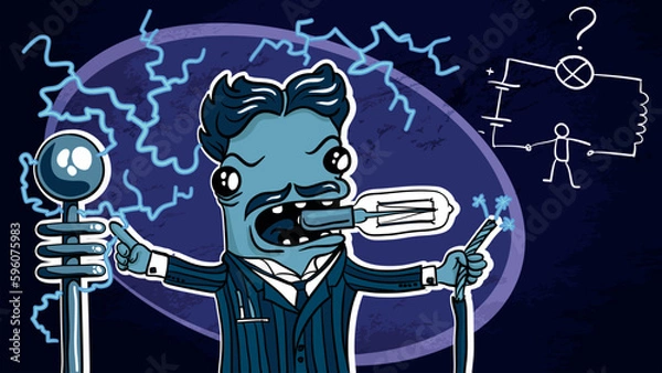 Fototapeta  An inventor of alternating current electricity supply system. Famous genius man holding an electric bulb in his teeth with other inventions in his hands. Behind him are lightnings and a scheme of one