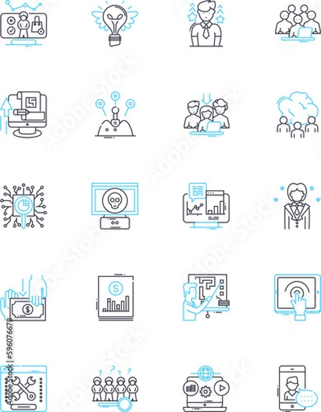 Fototapeta Brand building linear icons set. Identity, Consistency, Awareness, Trust, Reputation, Messaging, Perception line vector and concept signs. Image,Story,Differentiation outline illustrations