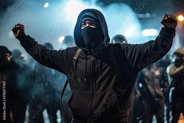 Fototapeta Black Protester in Hoodie and Mask Raising Fists for Social Justice. Generative AI.