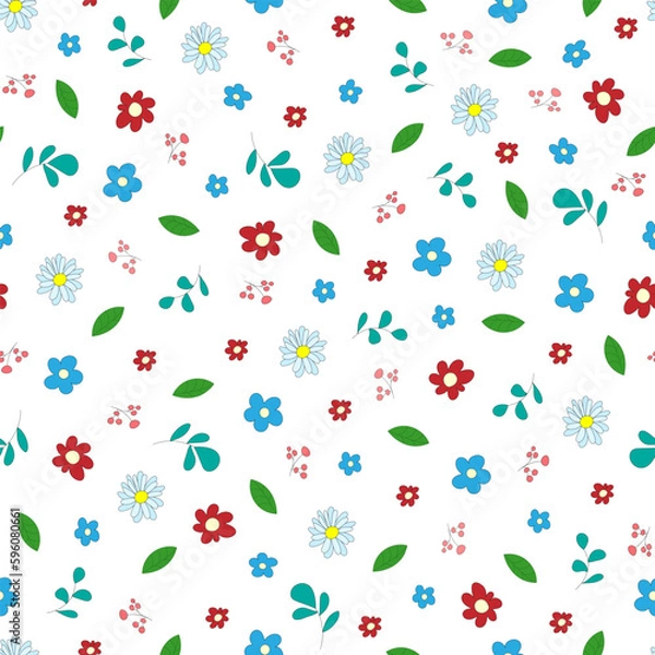 Fototapeta Vector seamless stylish summer pattern in cartoon style with leaves and flowers on a white background. Can be used for printing, textile and packaging.