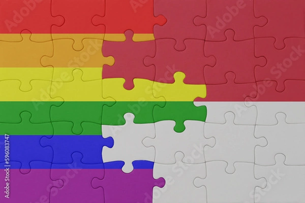 Fototapeta puzzle with the flag of rainbow gay pride and indonesia . macro.concept.