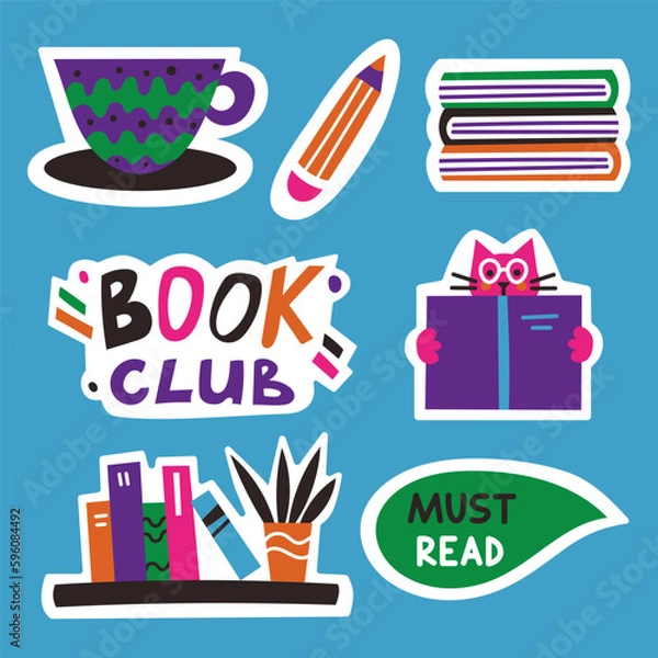 Fototapeta Set of vector stickers with book club elements. Vector flat illustration with cute design elements and handwritten lettering.