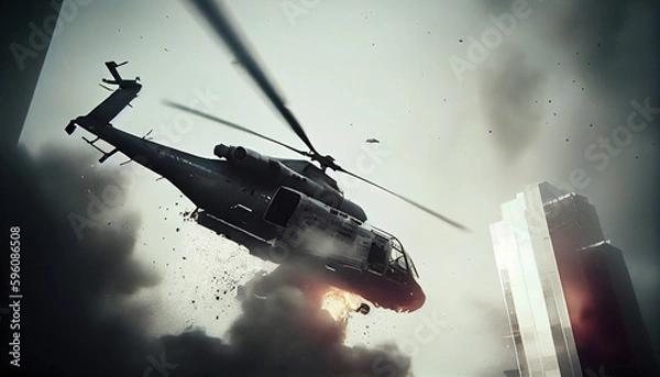 Fototapeta A downed helicopter crashes in the city. AI Generative