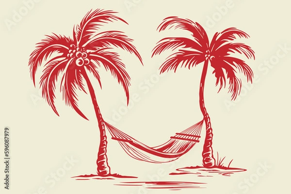 Fototapeta retro cartoon illustration of a empty hammock hanging between two palms