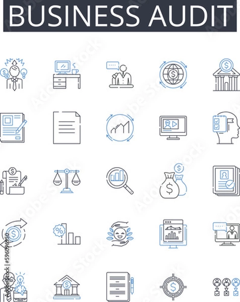 Fototapeta Business audit line icons collection. Financial review, Performance assessment, Operations evaluation, Market analysis, Record inspection, Risk examination, Workflow examination vector and linear