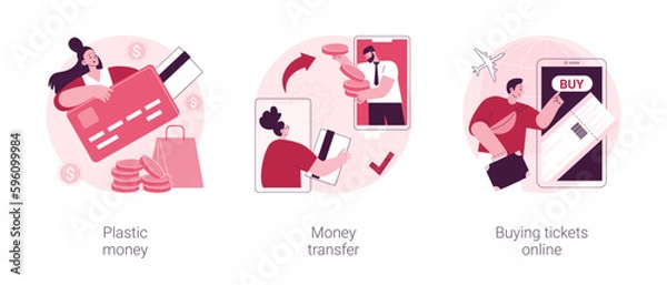 Fototapeta Electronic transactions abstract concept vector illustration set. Plastic money, money transfer, buying tickets online, credit and debit card, online cashback service, shopping abstract metaphor.