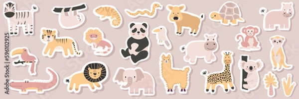 Fototapeta Vector seamless pattern with lion, toucan, parrot, crocodile, zebra, elephant, sloth.Tropical jungle cartoon creatures.Cute natural pattern for fabric, childrens clothing,textiles,wrapping paper.