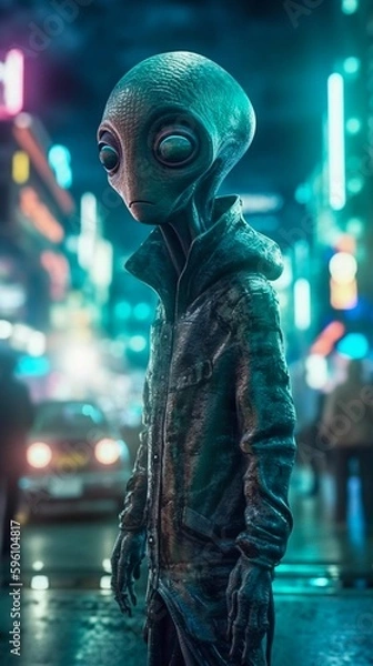 Fototapeta Tiny Alien in the Night City. Generative ai