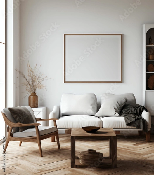 Fototapeta Scandinavian Style Living Room with Neutral Colors and Mockup Frames