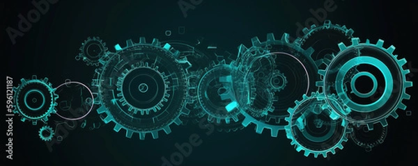 Fototapeta Abstract 3D gears on dark background. Concept of gear mechanics and cog mechanics. Digital polygonal mesh with points, lines and shapes. mechanical engineering wireframe. Generative AI