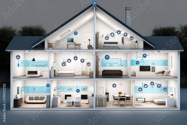 Fototapeta Cross section of a house with smart home connections, wifi stations, icons. Generative AI