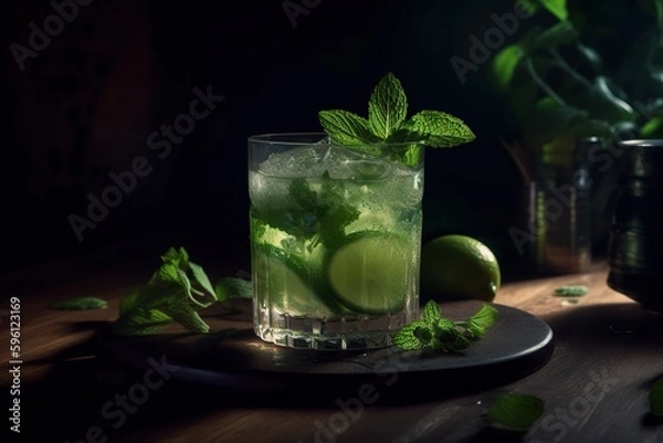 Fototapeta Close up of a Glass of Mojito, Ice Cubes, Herbs, Mint and Lime. Generative AI