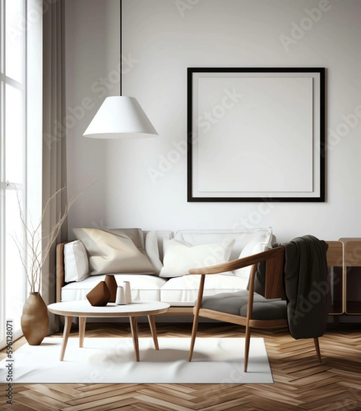 Fototapeta Minimalist and Modern Interior Living Room with Mockup frame and soft sofa color, generative ai