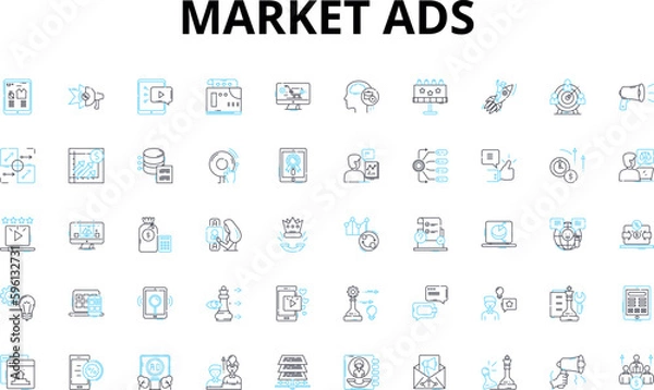 Fototapeta Market ads linear icons set. Promotion, Advertisement, Marketing, Branding, Targeting, Strategy, Analytics vector symbols and line concept signs. Campaign,Conversion,CTR illustration