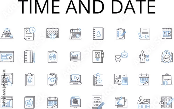 Fototapeta Time and date line icons collection. Duration, Length, Interval, Period, Age, Moment, Hour vector and linear illustration. Minute,Second,Calendar outline signs set