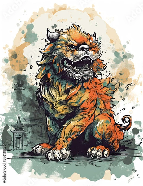 Obraz Chinese Dragon Statue, Foo Dog, Chinese Culture, Watercolor. generative AI