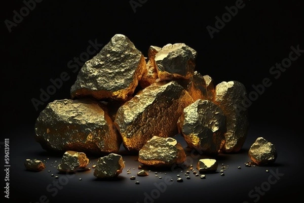 Fototapeta Piles of gold nuggets. Ai. Shiny golden stones in heaps  isolated on black background