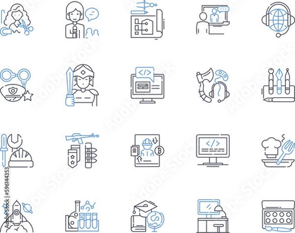 Fototapeta Digital Nomad line icons collection. Freedom, Travel, Flexibility, Location independence, Adventure, Laptop lifestyle, Remote work vector and linear illustration. Entrepreneurship,Virtual teams