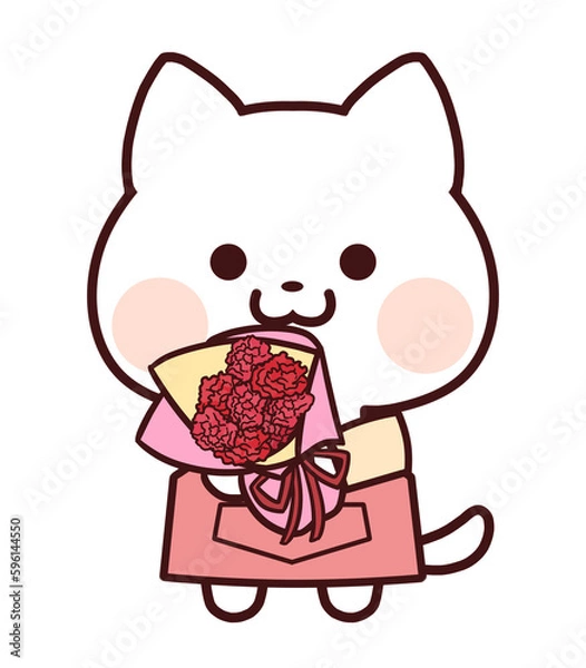 Obraz カーネーションの花束を持つエプロンをした白猫