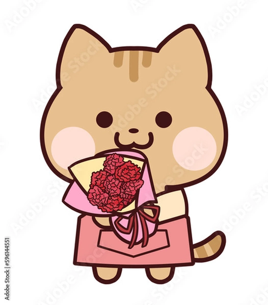 Obraz カーネーションの花束を持つエプロンをしたトラ猫