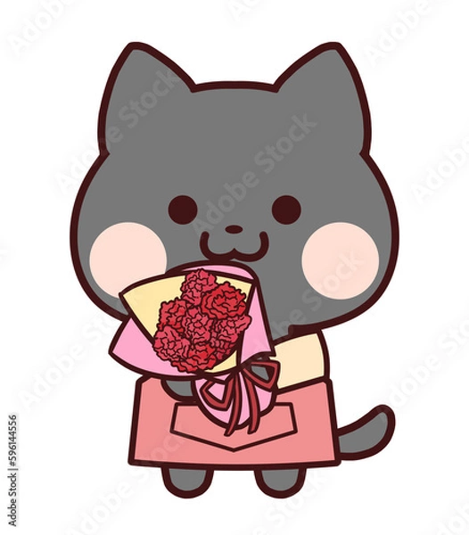 Obraz カーネーションの花束を持つエプロンをした黒猫