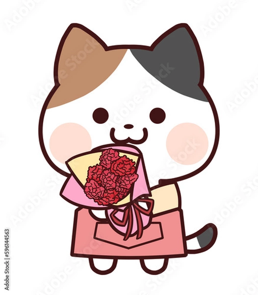 Obraz カーネーションの花束を持つエプロンをした三毛猫