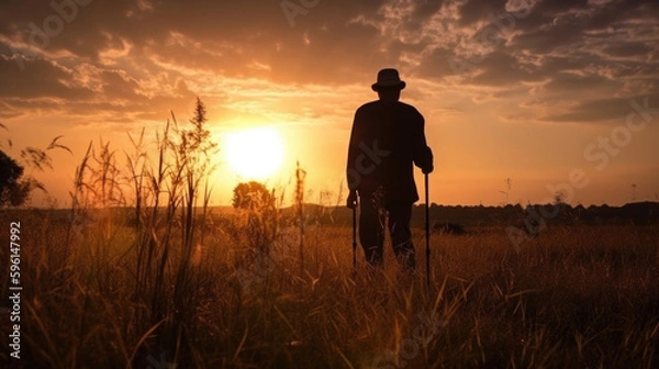 Fototapeta a silhouette of an old man with crutches in a field at sunset. Generative AI