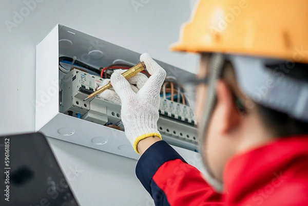 Fototapeta Asian electrical engineer wearing safety helmet inspecting home electrical system with tools and tablet at indoor building site