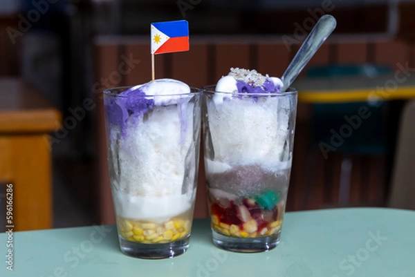 Fototapeta halo halo - Ice cream in a glass with the flag of Philippines on top.
