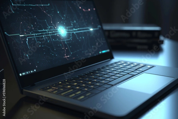 Fototapeta laptop on the table Data visualization on a laptop screen,  Generative AI	
