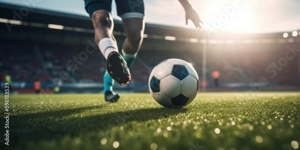 Fototapeta Football or soccer player playing with the ball in stadium. Generative AI
